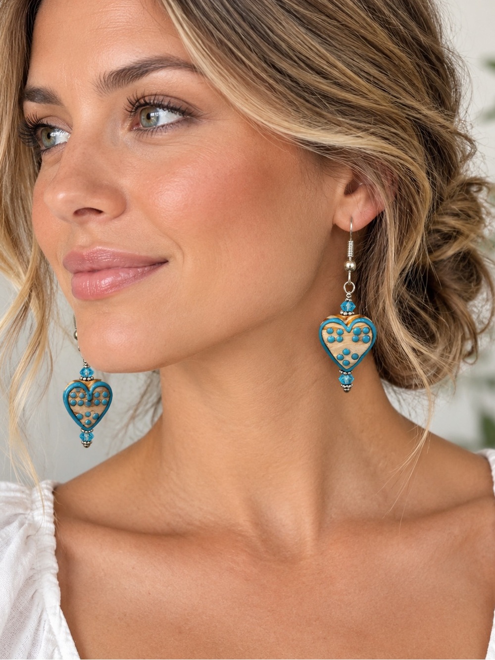 Murano Glass Turquoise Heart Dangle Earrings With Swarovski Crystals Sterling